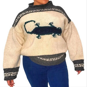 Vintage 100% Wool Handmade in Ecuador Gecko Tan Green Grey Oversize Sweater